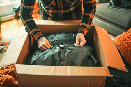 Joyous moment of person opening a delivered package, revealing the ordered clothes inside. Joyful anticipation facial expression.の素材