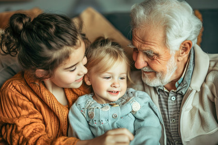 Relationships between different generations within a family, such as grandparents with grandchildren, convey the richness of family history.の素材