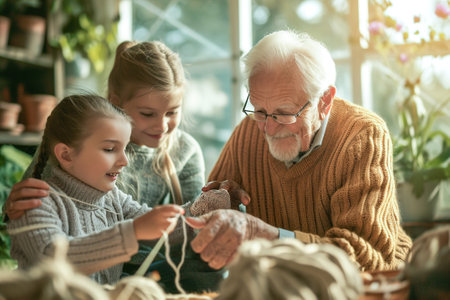 Grandparents teaching traditional skills or crafts to their grandchildren, such as knitting, woodworking, or gardening. Transfer of knowledge from one generation to the next.の素材