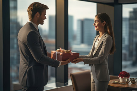 A man in suit giving a woman a gift box in the office.の素材