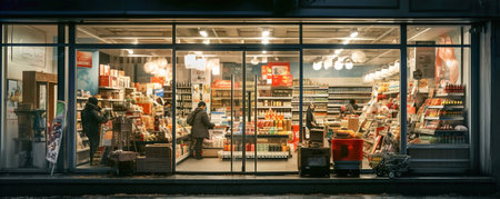 A group of people standing in front of shelves with bottles in alcohol store.の素材