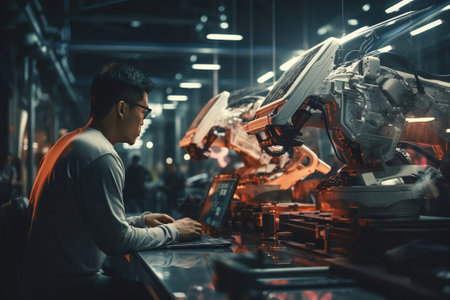 Engineer sitting in front of a computer and programming robots in factory. Programming automated process.の素材