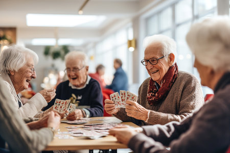 A group of old elderly people sitting around a table playing cards.の素材
