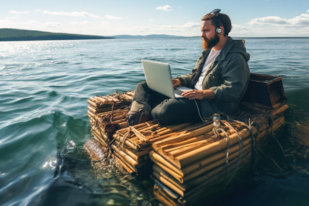A man programmer sitting on raft in the sea. Coding remote on a laptop computer from the middle of the ocean.の素材