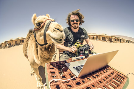 A man programmer coding sitting at a table with a laptop in front of a camel. Working remote on computer in desert.の素材