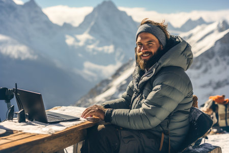 A man programmer coding on a laptop computer high in the mountain snowy hill. Remote work on mountain top. Sunny day.の素材