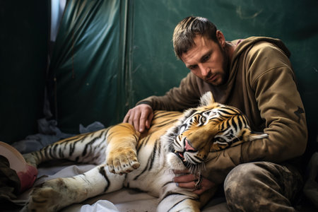 A man wildlife biologists rehabilitators helps an injured tiger.の素材