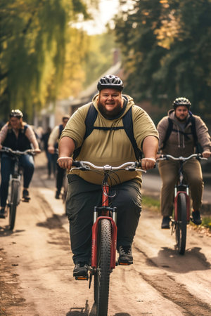 A group of fat overweight people riding bikes in a park.の素材