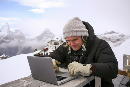 A man programmer coding on a laptop computer high in the mountain snowy hill. Remote work on mountain top.の素材