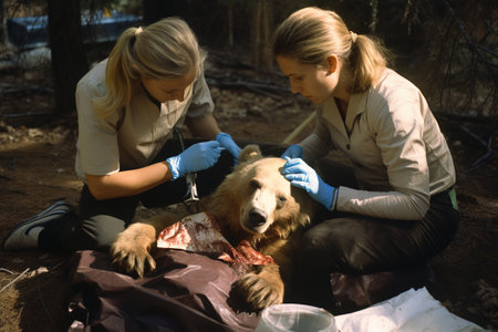 Two wildlife biologists rehabilitators helps an injured brown bear.の素材