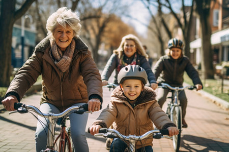 A group of family members riding bikes down a road in a park. Old woman on bike on foreground.の素材