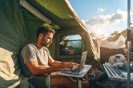 Young programmer sitting at a table in a tent and coding with a laptop. Working remote on campsite in the nature.の素材