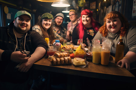 A group of fat plus-size people sitting at a bar.の素材