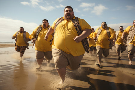 A group of fat overweight plus-size men running down a beach.の素材