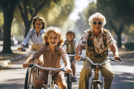 A group of family members riding bikes down a road in a park. Old man on bike on foreground.の素材