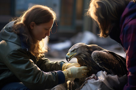 A woman wildlife biologists rehabilitator helps an injured eagle.の素材