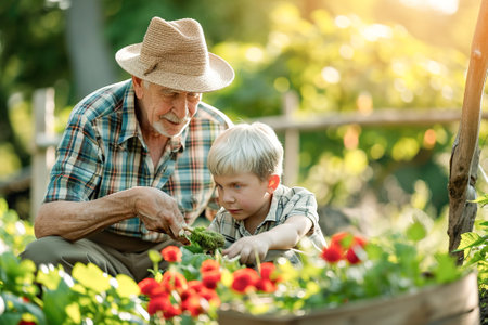 Moments where grandparents and grandchildren pursue shared hobbies, such as gardening. Continuity of interests across generations.の素材