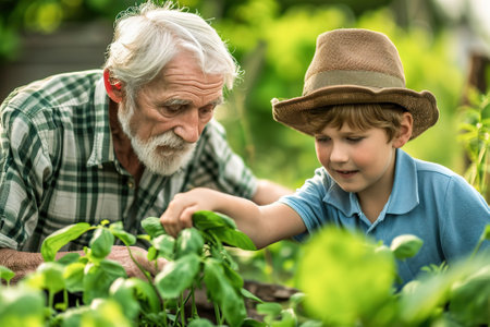 Moments where grandparents and grandchildren pursue shared hobbies, such as gardening. Continuity of interests across generations.の素材