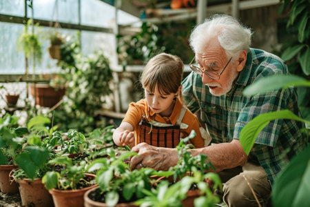 Moments where grandparents and grandchildren pursue shared hobbies, such as gardening. Continuity of interests across generations.の素材