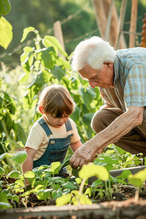 Moments where grandparents and grandchildren pursue shared hobbies, such as gardening. Continuity of interests across generations.の素材