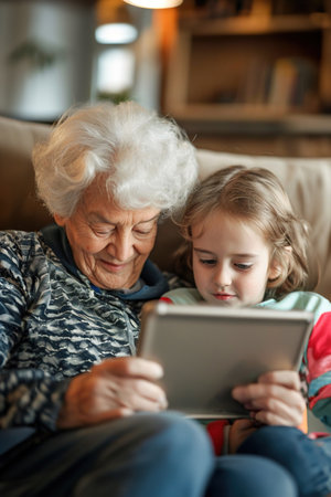 Exchange of knowledge as grandchildren teach grandparents about modern gadgets, emphasizing the bridge between generations, the interaction between older and younger generations in navigating technology.の素材