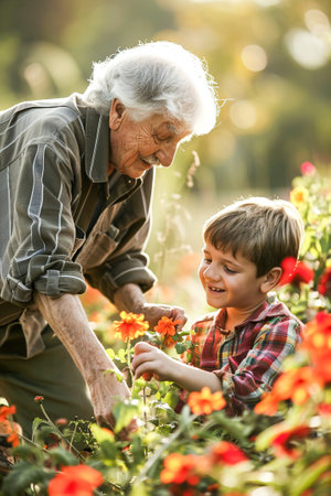 Moments where grandparents and grandchildren pursue shared hobbies, such as gardening. Continuity of interests across generations.の素材