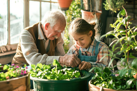 Moments where grandparents and grandchildren pursue shared hobbies, such as gardening. Continuity of interests across generations.の素材