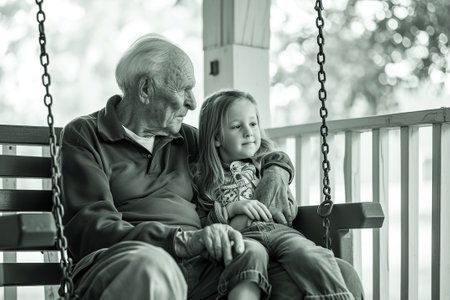 Quiet moments of reflection and bonding, such as grandparents and grandchildren sitting together on a porch swing.の素材