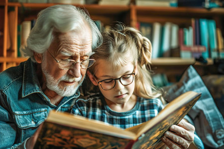 Tender moments of grandparents and grandchildren reading together. Passing down of literature, stories, and the joy of shared books.の素材