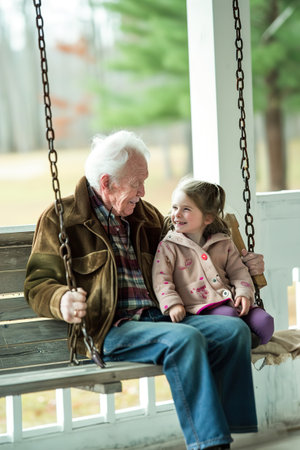 Quiet moments of reflection and bonding, such as grandparents and grandchildren sitting together on a porch swing.の素材