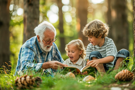 Tender moments of grandparents and grandchildren reading together. Passing down of literature, stories, and the joy of shared books.の素材