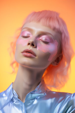 Peach Fuzz colour background, look at the camera, Holographic tones, woman portrait with multichrome powder covered face.の素材