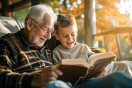 Tender moments of grandparents and grandchildren reading together. Passing down of literature, stories, and the joy of shared books.の素材