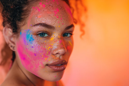 Peach Fuzz colour background, look at the camera, Holographic tones, woman portrait with multichrome powder covered face.の素材
