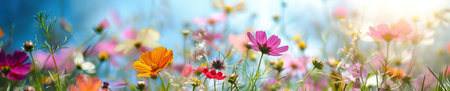 Close-up random spring various flowers with copy space. Spring blooming meadow.の素材
