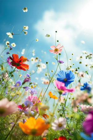 Close-up random spring various flowers with copy space. Spring blooming meadow.の素材