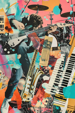 Collage showcases friends engaging in their favorite music hobbies.の素材