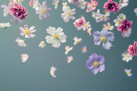 Floated in the air randomly spring various flowers with copy space.の素材