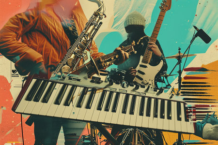 Collage showcases friends engaging in their favorite music hobbies.の素材