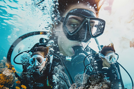 Abstract Collage showcases friends engaging in their favorite Scuba diving hobby.の素材