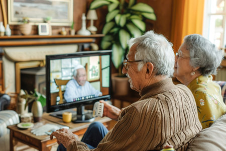 A senior couple engaged in a video call with family members.の素材