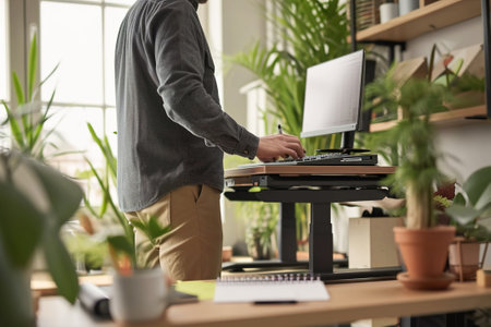 A person using a standing desk for an ergonomic work setup.の素材