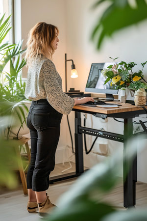 A person using a standing desk for an ergonomic work setup.の素材