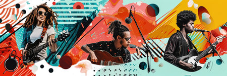 Collage showcases friends engaging in their favorite music hobbies.の素材