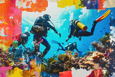 Abstract Collage showcases friends engaging in their favorite Scuba diving hobby.の素材