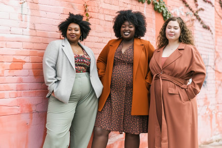 Mix of casual and formal plus-size clothing options suitable for different occasions. Group of women.の素材