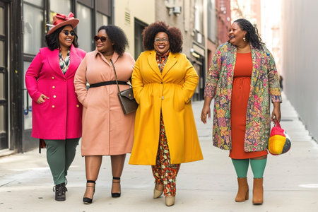 Mix of casual and formal plus-size clothing options suitable for different occasions. Group of women.の素材