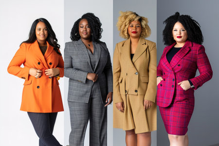 Mix of casual and formal plus-size clothing options suitable for different occasions. Group of women.の素材
