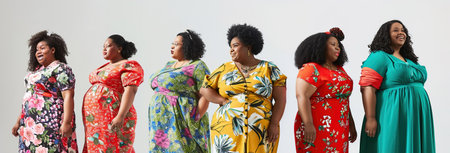Plus-size models, fashionable poses highlighting the clothing and showcasing various body types.の素材
