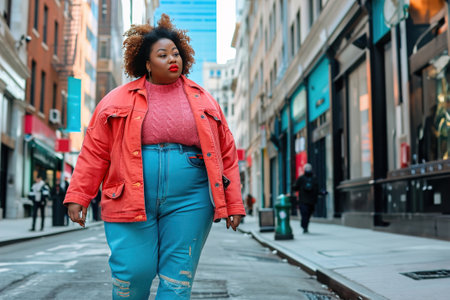Everyday moments of plus-sized individuals wearing comfortable and stylish clothing. Overweight woman.の素材